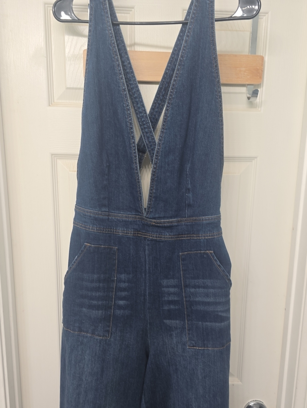 Dollhouse Deep V Denim Overalls in Blue